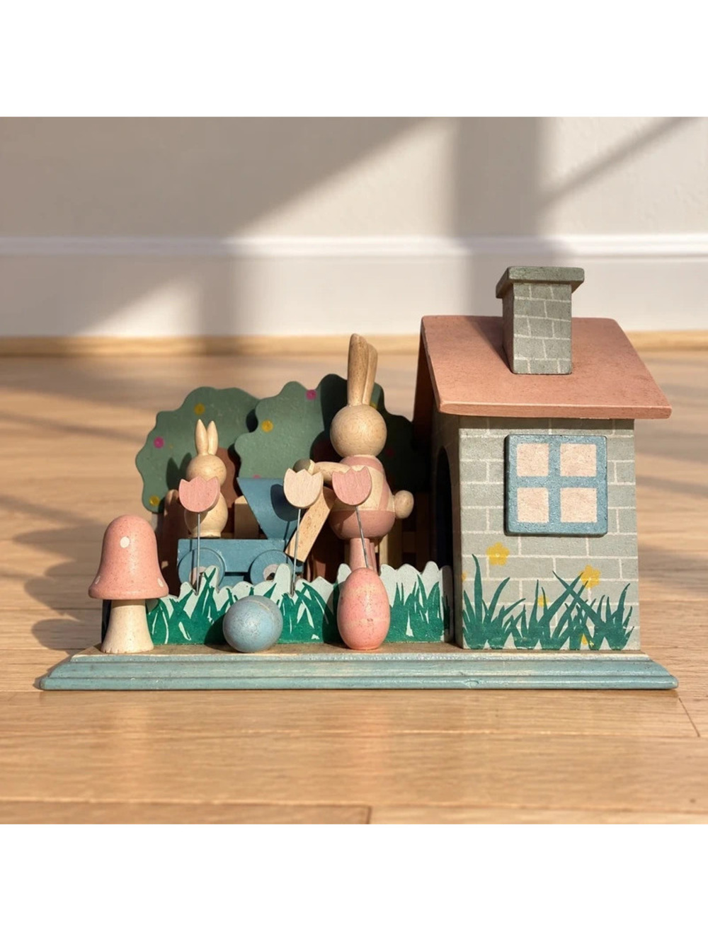 Vintage Easter Bunny Moving Music Box Wooden Rabbit Carriage Spring Decor
